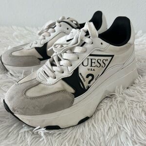 GUESS White, Gray & Black Chunky Platform Lace-Up Sneakers